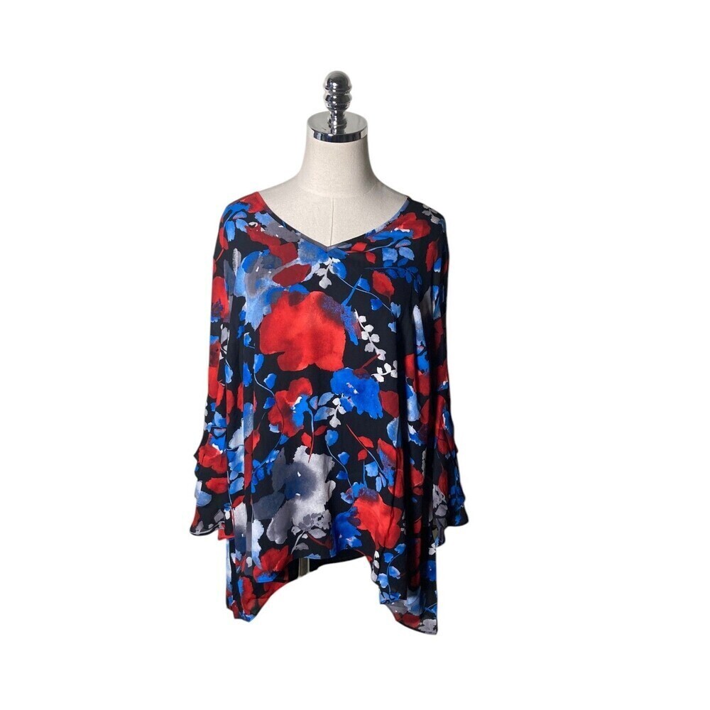 The Limited Collection Top Women's Size 2X Blue Red Watercolor Floral V-Neck